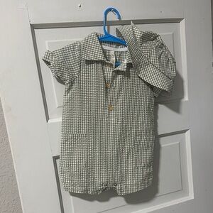 Kids Checkered Button Down Romper and Hat Set